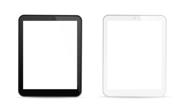 Tablet bilgisayar aletleri. Beyaz boş ekran görüntüsü. Gerçekçi siyah dijital cihaz modeli. Şeffaf arkaplanda ekipman vektörü kavramı