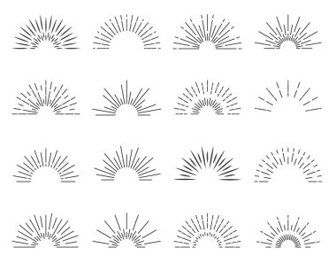 Güneş ışınları. Vektör patlamış güneş ışığı logosu. Gün doğumu amblemi. Güneş ışığı retro parlaklığı.