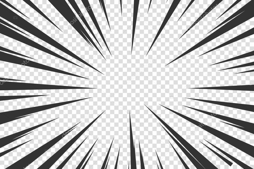 Action comic cartoon speed effect. Black manga movement anime manga flash. Superhero motion radial line. Vector boom rays. Power halftone bang wallpaper