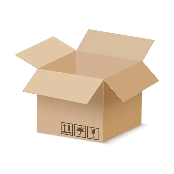 Open cardboard box. Brown vector carton delivery package. Realistic vector isolated cargo container — Stock Vector