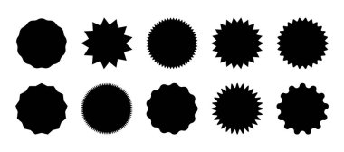 Yıldız patlaması konuşma balonları, patlayan çıkartma tanıtım rozetleri, güneş patlaması promosyon etiketi. Patlama yıldız düğmesi vektör çizimi.