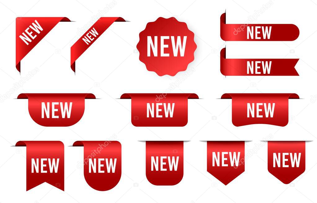 Tag sticker shape. New or sale badges. Label product red corner. Vector ribbons and banners. Luxury red silk realistic template.