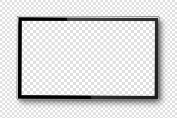 TV képernyő. Realisztikus 4k ultra hd monitor. Üres fekete TV képernyő. Modern, nagyfelbontású televízió. LCD vektor kijelző elszigetelt átlátszó háttérrel — Stock Vector