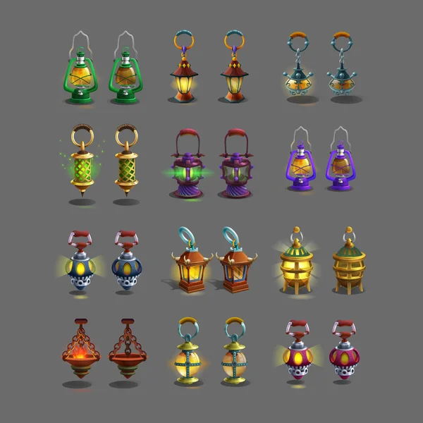 Set de lámparas antiguas coloridas — Vector de stock