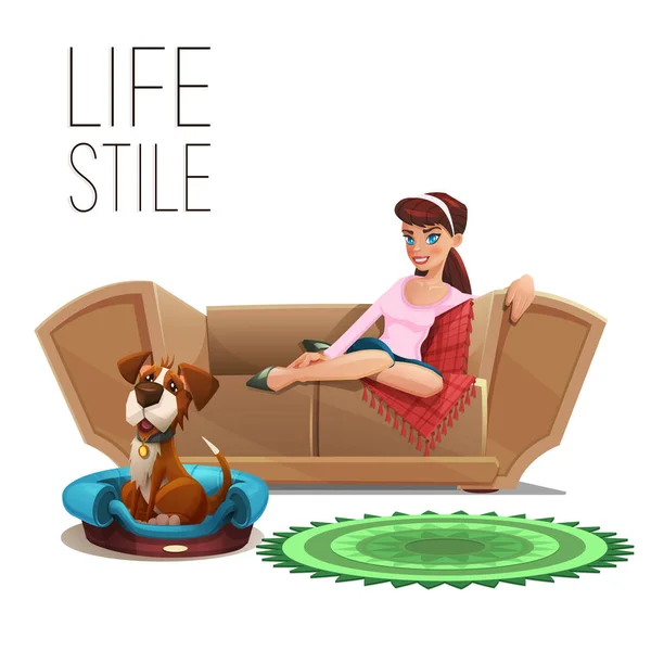 Linda chica feliz y perro sentado en el sofá aislado sobre fondo blanco. Ilustración vectorial . — Vector de stock