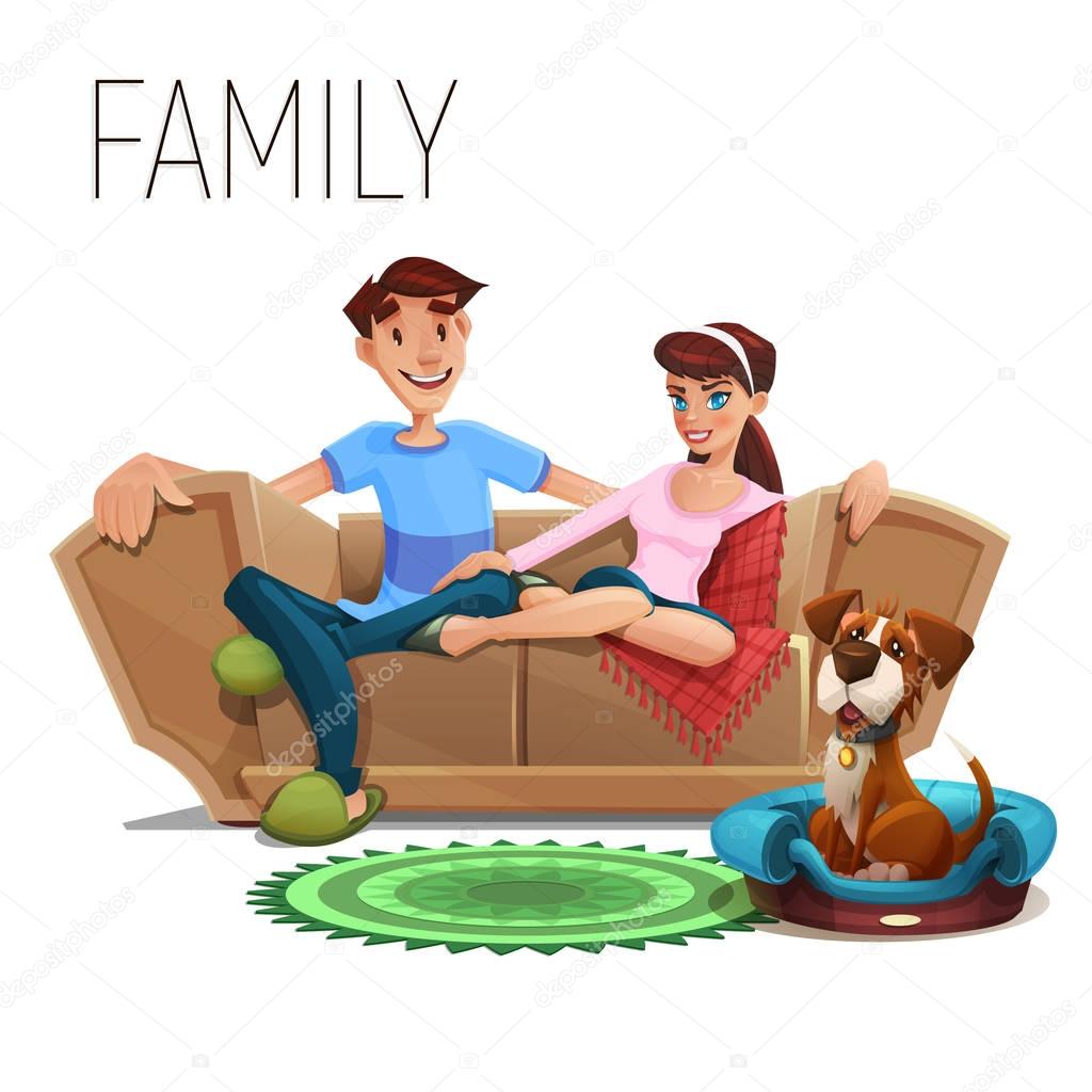 Cute happy family and dog sitting 