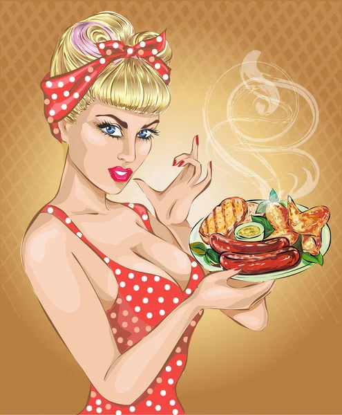 Mujer Pop Art con plato de foog. Pin-up girl, barbacoa, salchicha. Moda, esposa sexy, vector — Vector de stock