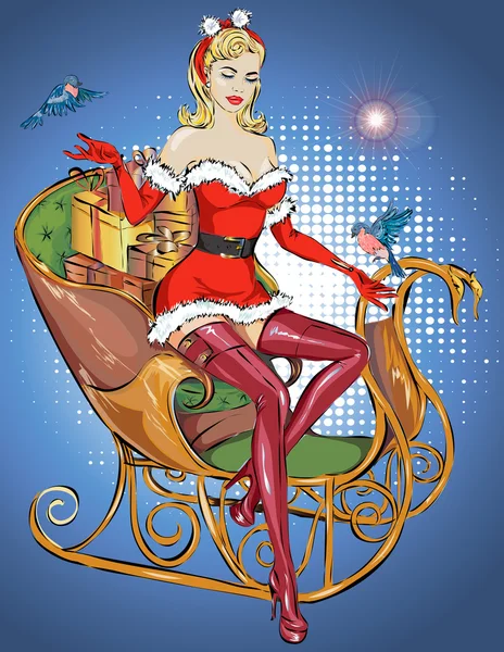 Pin up chica de Navidad en el trineo de Santa, Feliz Año Nuevo 2017, vector dibujado a mano — Vector de stock