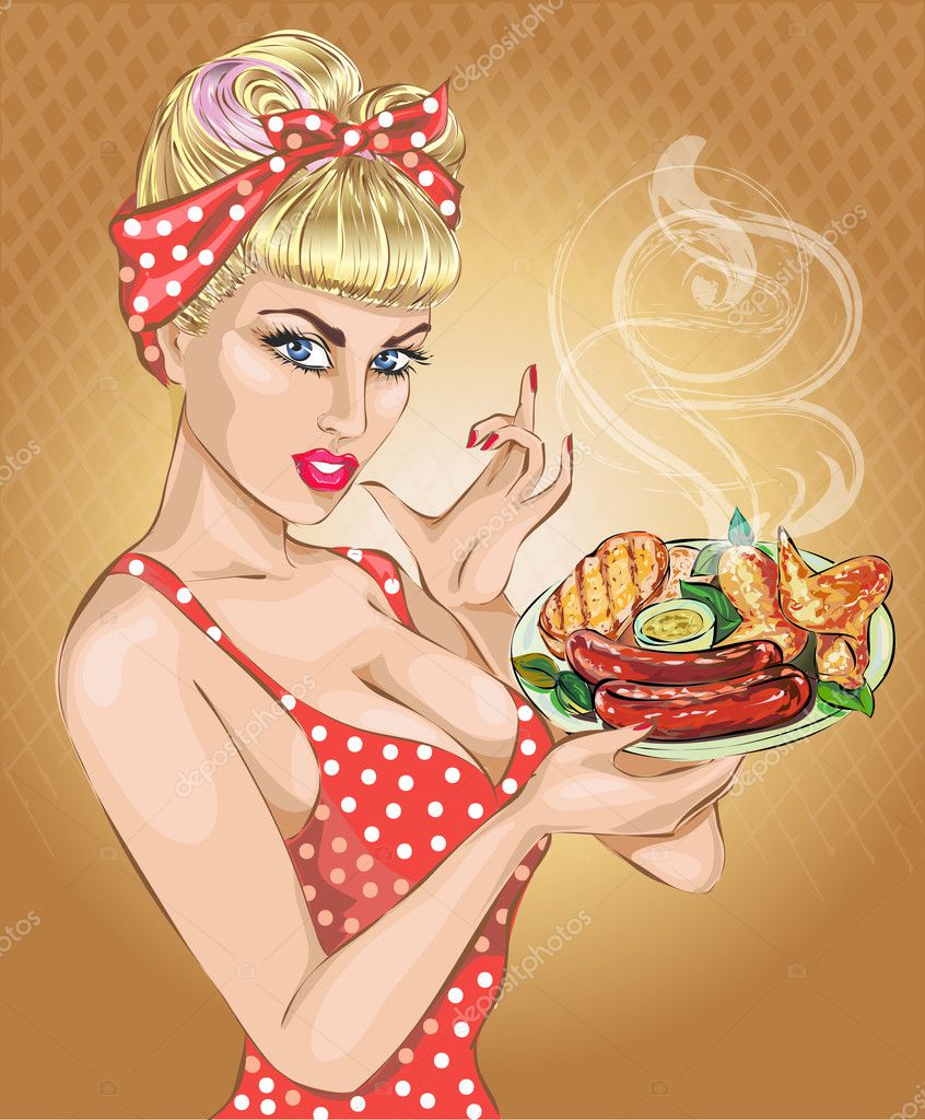 Pop Art Woman With Foog Plate Pin Up Girl Bbq Sausage