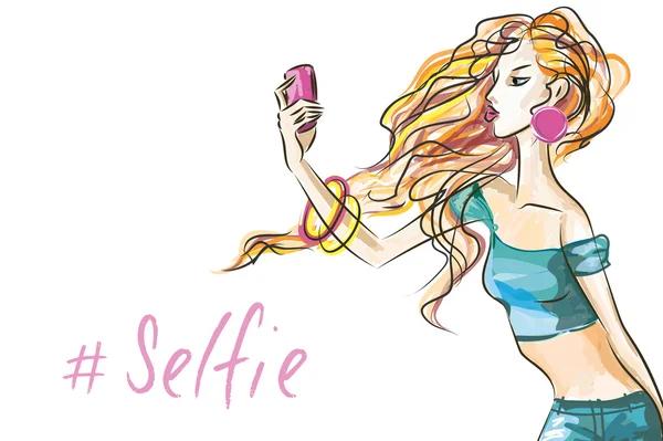 Bella donna di moda fare selfie, vettore disegnato a mano — Vettoriale Stock