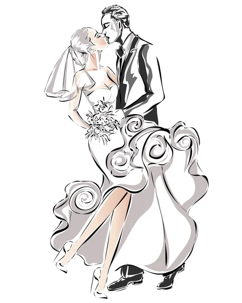 Pareja de boda, novia y novio feliz, vector — Vector de stock