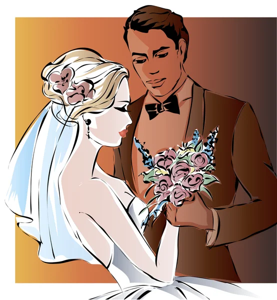 Pareja de boda, novia y novio feliz, vector — Vector de stock