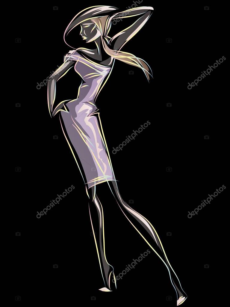 Fashion woman, neon color background with model. Hand drawn vector illustration