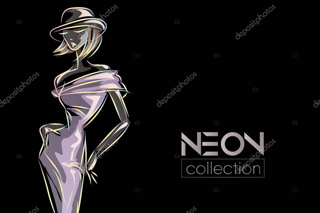 Fashion woman model, neon color boutique logo background. Hand drawn vector illustration
