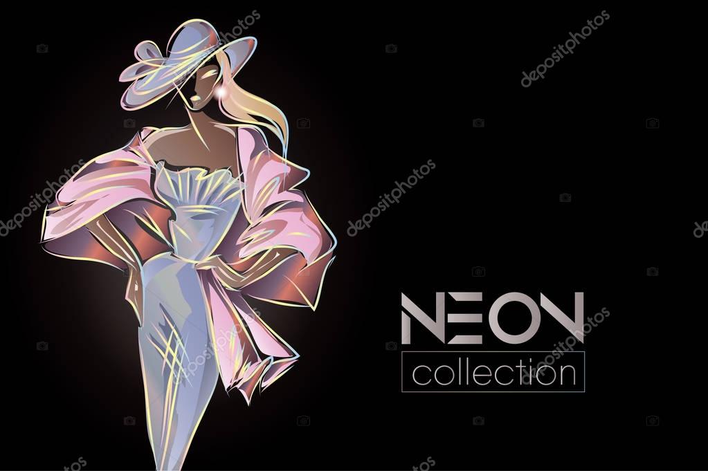 Fashion woman model, neon color boutique logo background. Hand drawn vector illustration