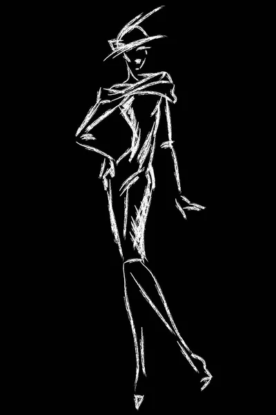 Siyah ve beyaz retro moda kadın modeli. Elle çizilmiş vektör — Stok Vektör