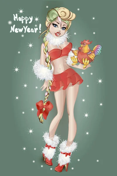 Pin-up menina de Natal com pau, Feliz Ano Novo 2017. Vetor — Vetor de Stock