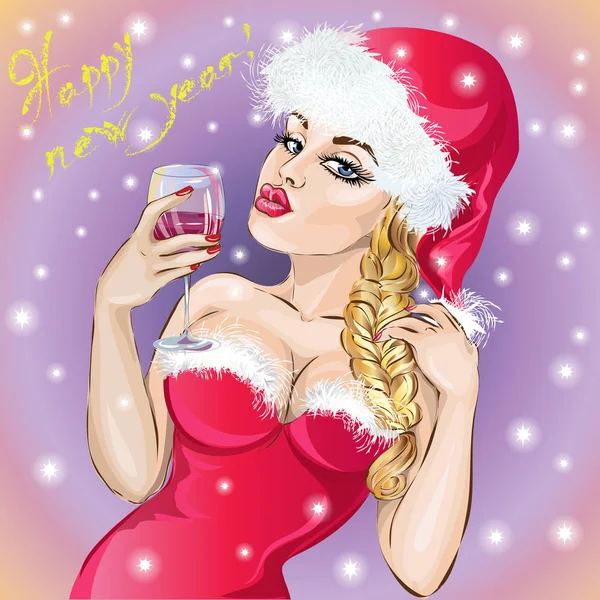 Menina de Natal Pin-up, Feliz Ano Novo 2017, vetor desenhado à mão — Vetor de Stock