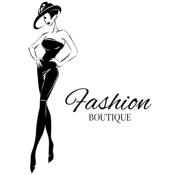 Modelo de mulher de moda preto e branco com fundo logotipo boutique. Vetor desenhado à mão —  Vetores de Stock