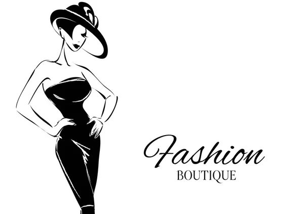 Modelo de mulher de moda preto e branco com fundo logotipo boutique. Vetor desenhado à mão — Vetor de Stock