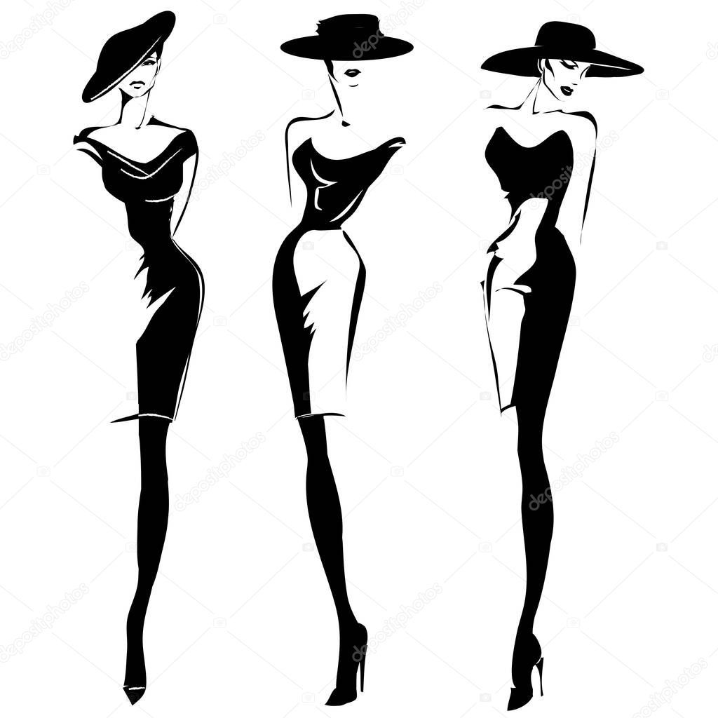 Black and white retro fashion models set in sketch style. Hand drawn vector illustration