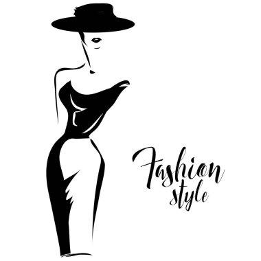 Siyah ve beyaz retro moda model eskiz tarzı. Elle çizilmiş vektör