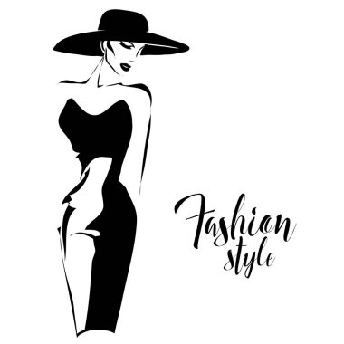 Siyah ve beyaz retro moda model eskiz tarzı. Elle çizilmiş vektör