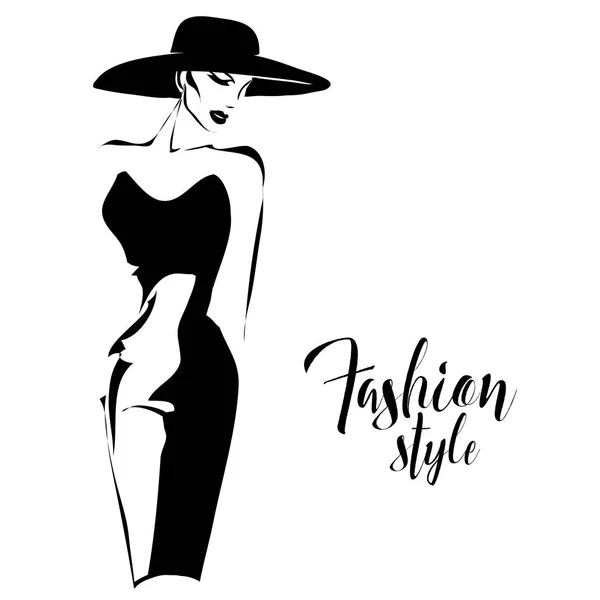 Modelo de moda retro en blanco y negro en estilo sketch. Vector dibujado a mano — Vector de stock