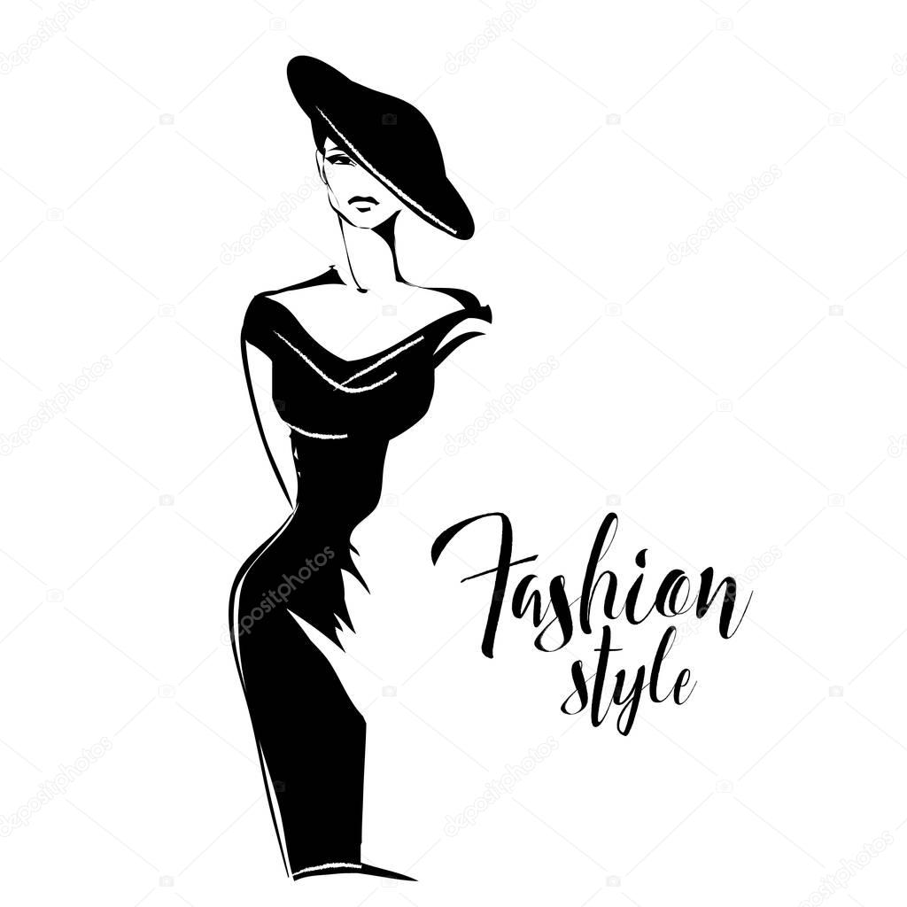 Black and white retro fashion model in sketch style. Hand drawn vector illustration