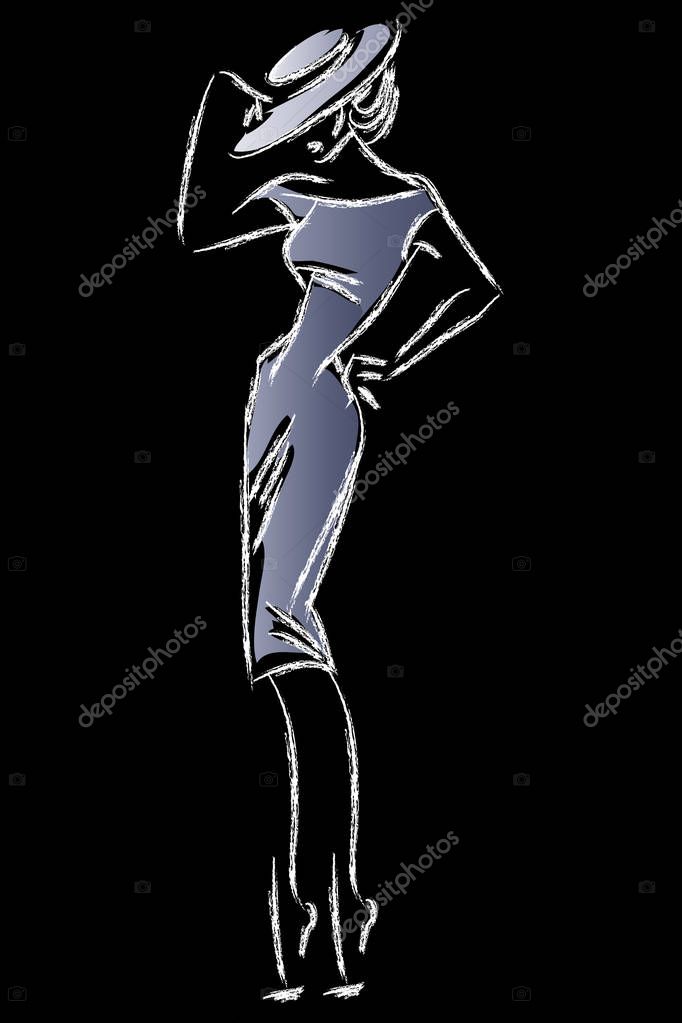 Black and white retro fashion model in sketch style. Hand drawn vector illustration