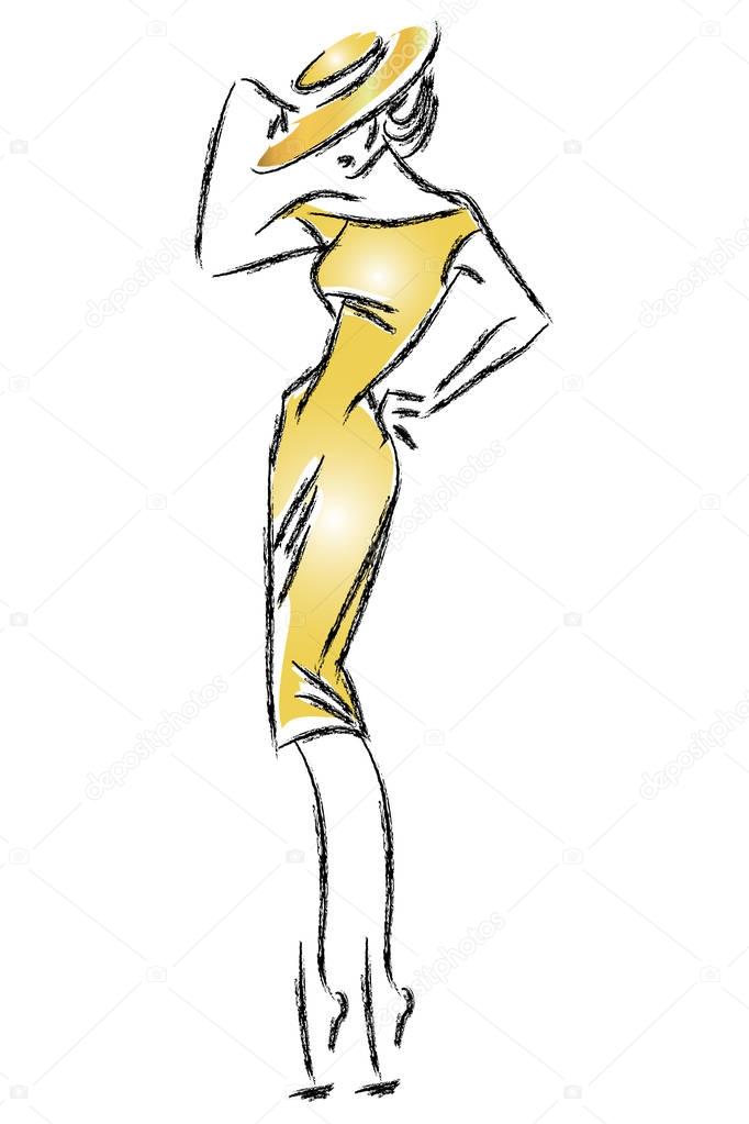 Retro fashion model silhouette in sketch style. Hand drawn vector illustration