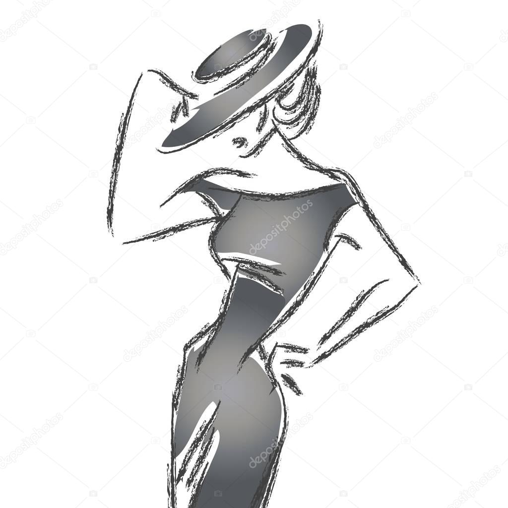 Black and white retro fashion model in sketch style. Hand drawn vector illustration