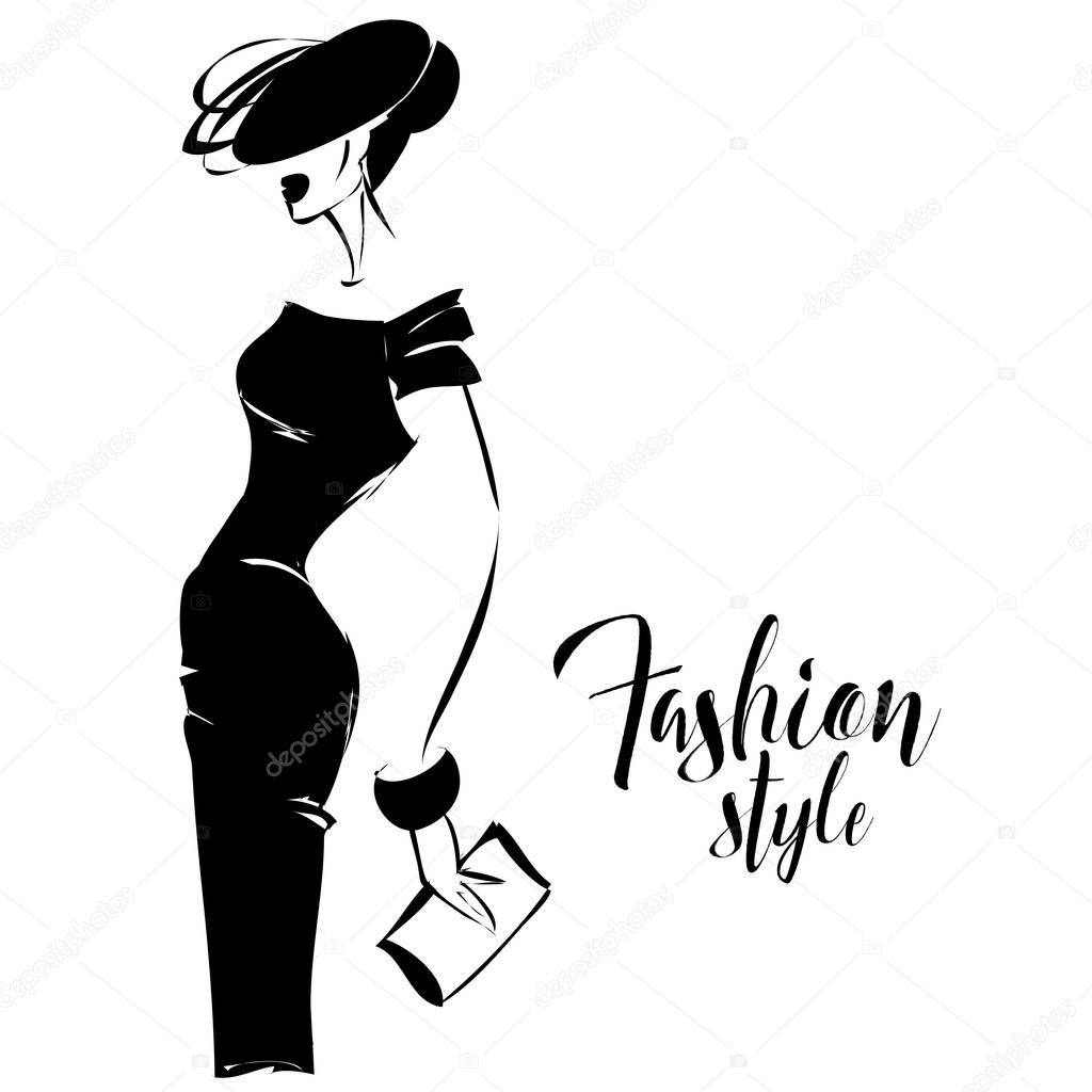 Black and white retro fashion model in sketch style. Hand drawn vector illustration