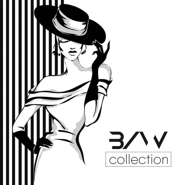 Zwart-wit vrouw mannequin met boutique logo achtergrond. Hand getekende vector — Stockvector