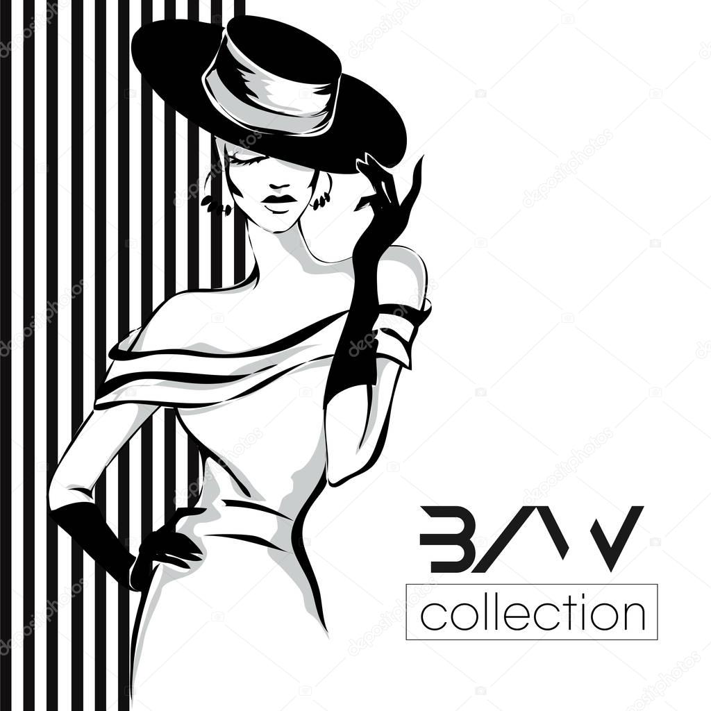 Black and white fashion woman model with boutique logo background. Hand drawn vector illustration