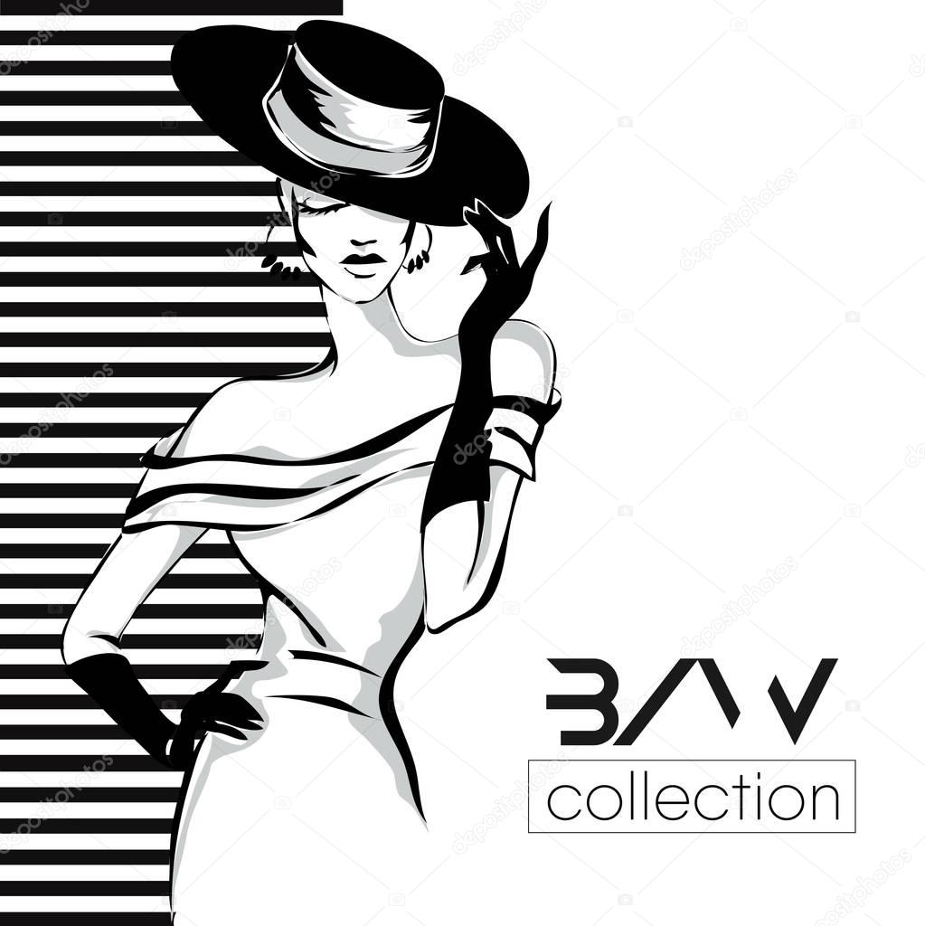 Black and white fashion woman model with boutique logo background. Hand drawn vector illustration