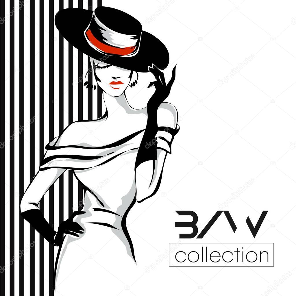 Black and white fashion woman model with boutique logo background. Hand drawn vector illustration