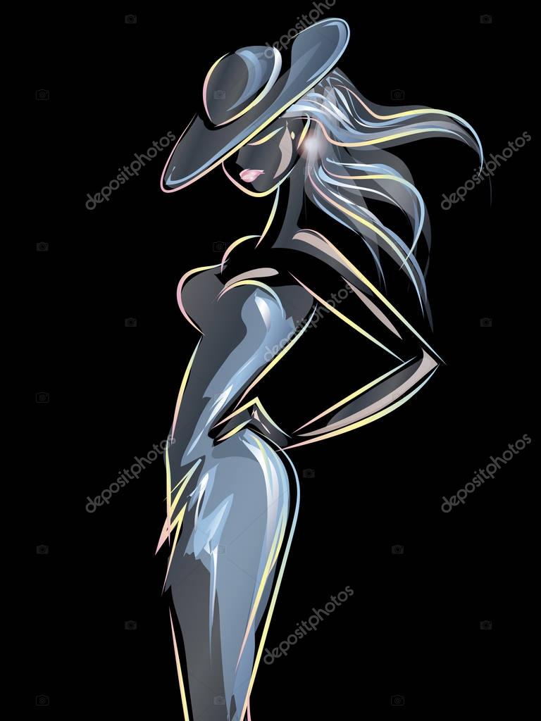 Neon retro fashion model in sketch style. Hand drawn vector illustration