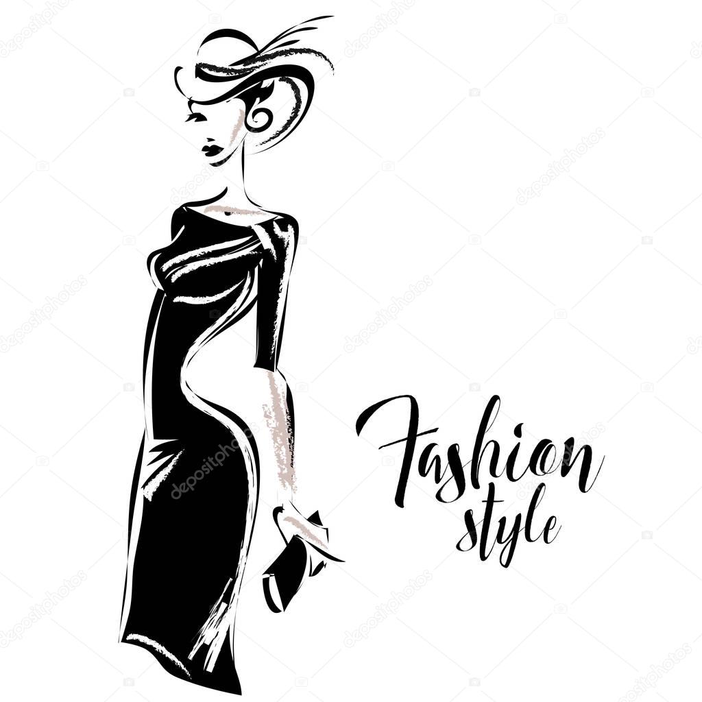 Black and white retro fashion model in sketch style. Hand drawn vector illustration background