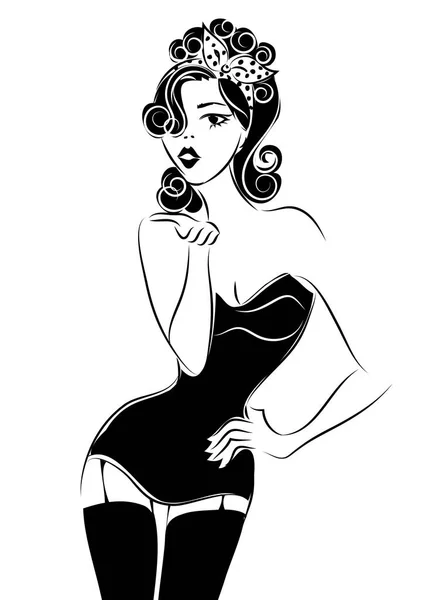 Sexy pin up mujer enviando un beso de aire, silueta de vector blanco y negro — Vector de stock