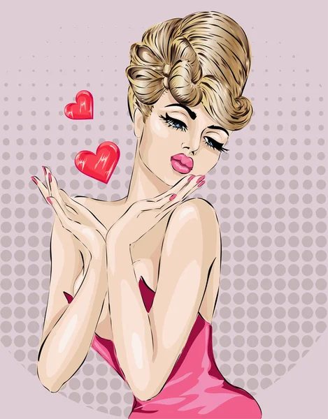 Día de San Valentín Pin-up sexy mujer enviando beso de aire con corazones. Pop Art vector — Vector de stock