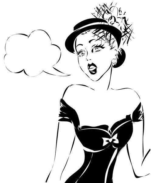 Sexy pin up femeie vorbind, negru și alb vector silueta cu bule de vorbire — Vector de stoc