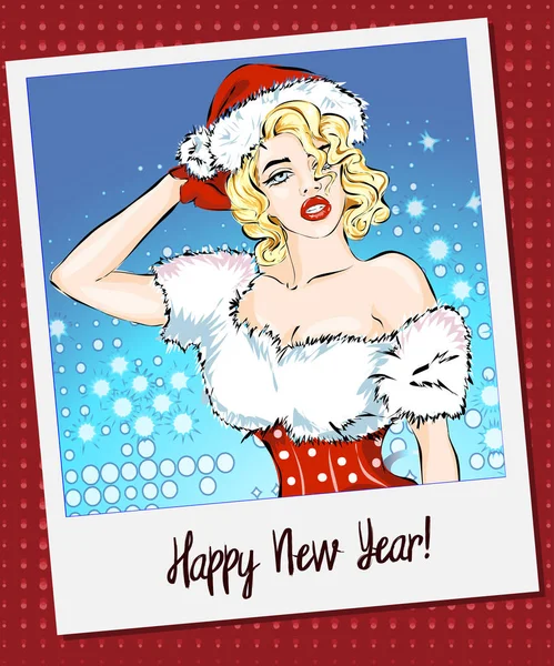 Mutlu yeni yıl polaroid kart Pin-up kızı, elle çizilmiş vektör çizim ile — Stok Vektör