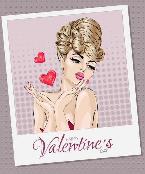 Valentin-nap-kártya Pin-up szexi nő küldő légi csók szívvel — Stock Vector