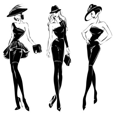 Siyah ve beyaz retro moda modelleri kroki tarzı ayarlayın. Elle çizilmiş vektör
