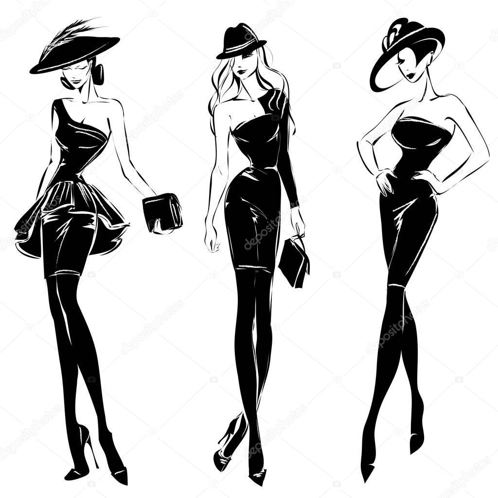 Black and white retro fashion models set in sketch style. Hand drawn vector illustration