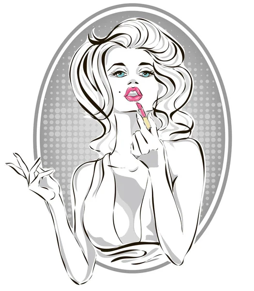 Pin-up moda hermosa mujer aplicando lápiz labial rosa, pop art girl putting maquillaje vector — Vector de stock