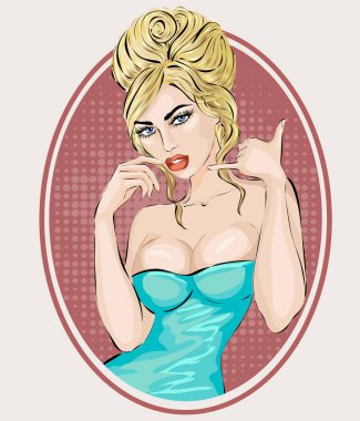 Pin-up seksi kadın portre çağrıyla jest uzatır. Pop art vektör çizim çizilmiş
