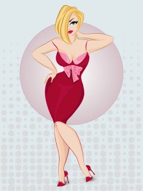 Kırmızı elbise giymiş güzel pin-up seksi kadın. Pop art sarışın kız vektör noktalar arka plan ile