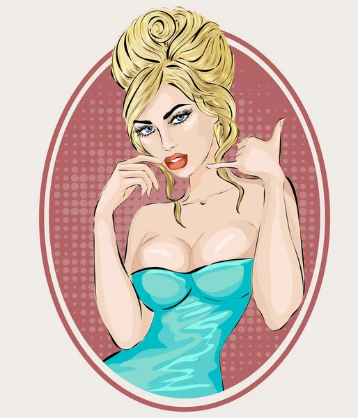 Pin-up retrato de mujer sexy con llámame gesto de mano. Arte pop ilustración vectorial dibujado — Archivo Imágenes Vectoriales